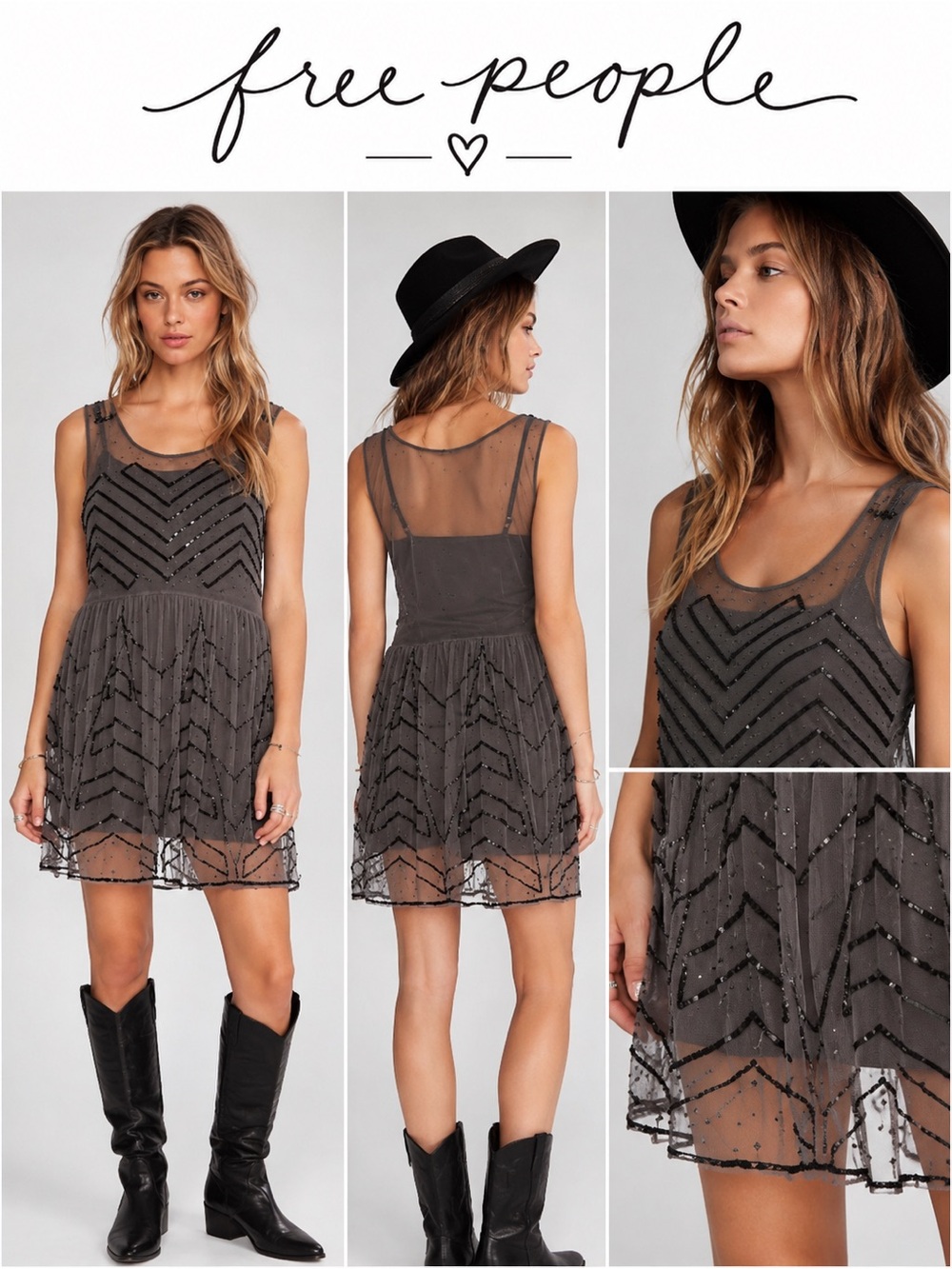Free People Sheer Mesh Embellished Beaded Overlay Mini Slip Dress Boho Festival